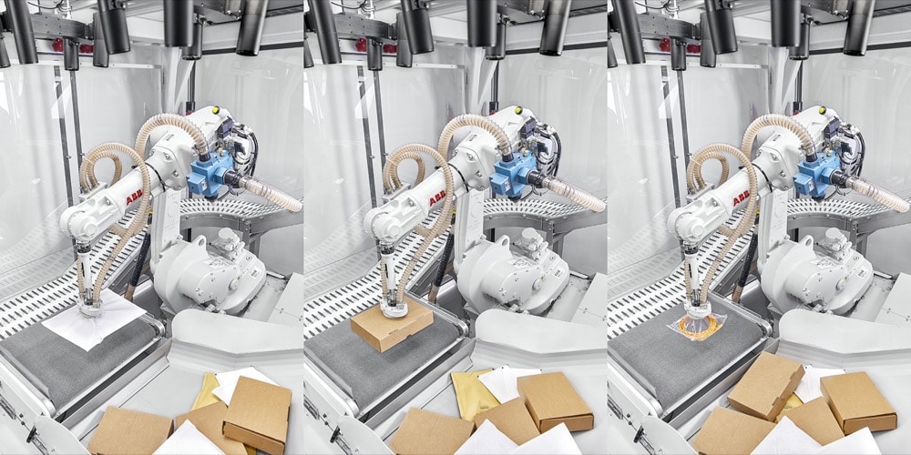 ABB robots sorting different packages with Covariant AI